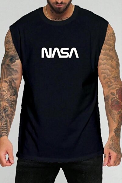 NO 601 تيشيرت رجالي أسود مطبوع عليه ناسا بدون أكمام