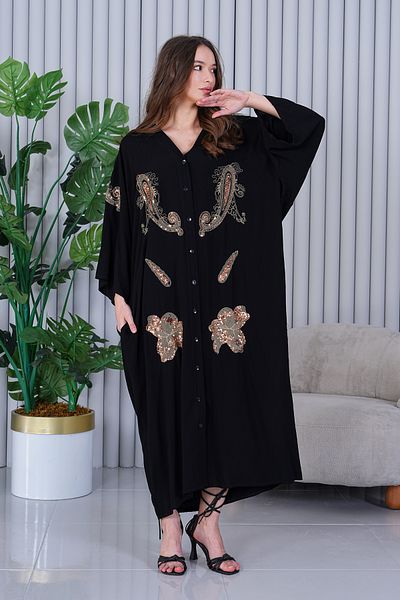 EL jadida Women's Embroidered Buttoned Plus Size Viscose Long Dress Black