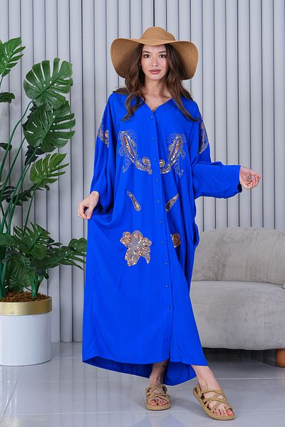 EL jadida Women's Embroidered Buttoned Plus Size Viscose Long Dress Saks Blue