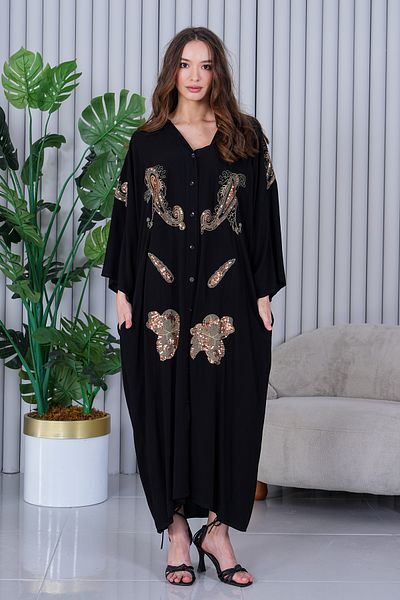 EL jadida Women's Embroidered Buttoned Plus Size Viscose Long Dress Black