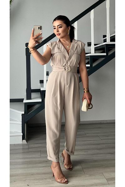 Oslove Stone Double Breasted Belted Jumpsuit