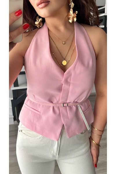 Oslove Candy Pink Waist Belted Vest