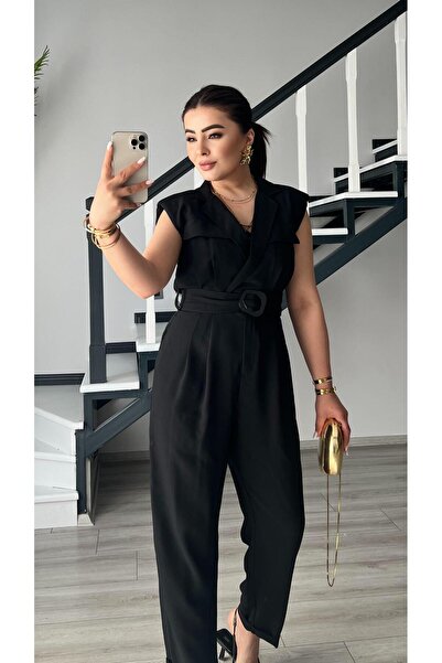 Oslove Siyah Kruvaze Kuşaklı Tulum