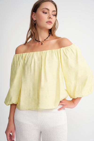 Mixray 4706 Women's Backless Balloon Sleeve Strapless Blouse Yellow