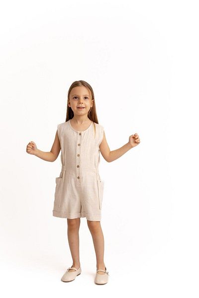 Cigit Short Length Linen Jumpsuit with Side Pockets 2-7 Years Natural