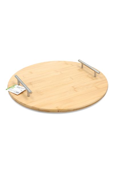 Bien Servi Round Bamboo Serving Tray with Handle Natural and Silver