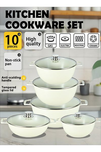 X SPRING 10-PCS Granite Non-stick Cookware Set,Scald-proof Handle,Suitable for multiple people(Beige)