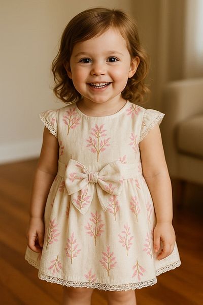 MİNYON BABY Ribbon Tie Printed Girl's Dress