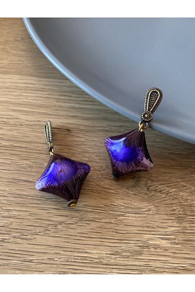 dela otantik Purple Glass Earrings – Handmade Artistic Design with Antique Brass Detail - Authentic Bohemian Vintage Bijoux Jewelry