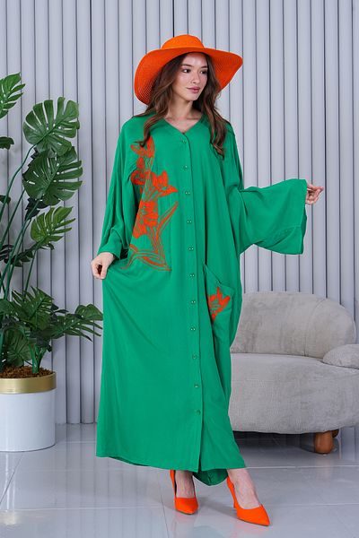 EL jadida Women's Embroidered Buttoned Plus Size Viscose Long Dress Green