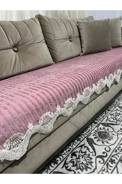 DECORA CASA HOME COLLECTİON Lacy Striped Sponge Velvet Non-Slip Sofa Bed Seat Cover (85X210)