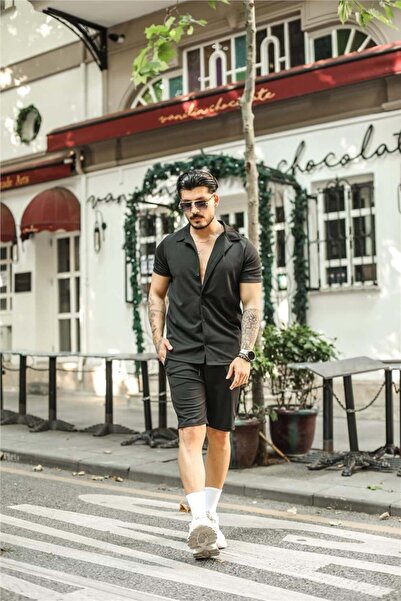 BLUE STREET طقم شورت علوي أسفل ضيق أسود للرجال-gmlksrt01r01s
