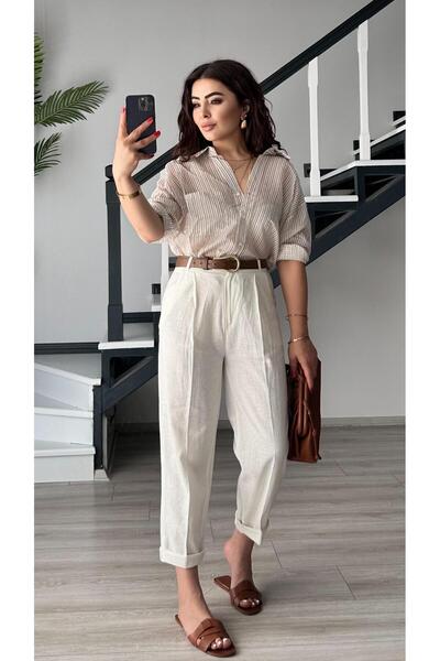 Oslove White Belted Linen Carrot Trousers