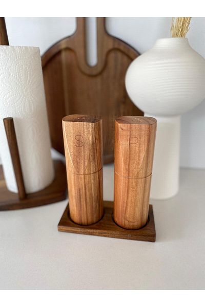 LEONEV Acacia Salt and Pepper Shaker with 2 Stands