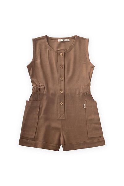 Cigit Short Length Linen Jumpsuit with Side Pockets 2-7 Years Caramel