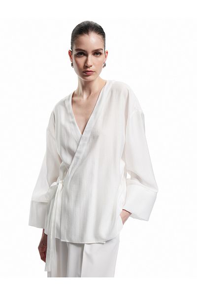 Koton V-Neck 3/4 Wide Sleeve Kimono with Side Tie Detail