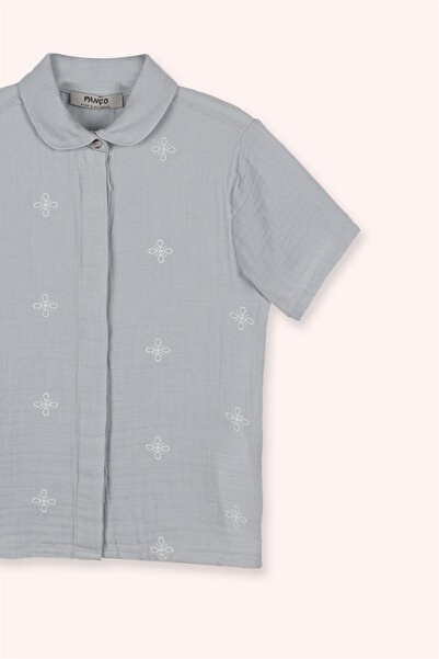 Panço Kız Çocuk Nakış Detaylı Müslin Mavi Gömlek