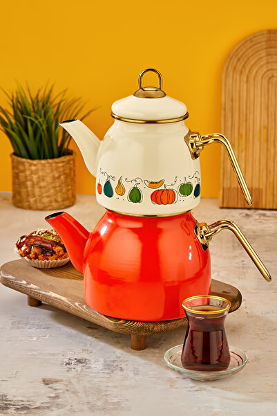 Akkoyunlu home Orange Pumpkin Midi Teapot Set Enamel Teapot Set