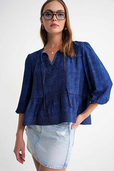 Mixray 4704 Women's Ruffled Balloon Sleeve Short Denim Blouse Navy Blue