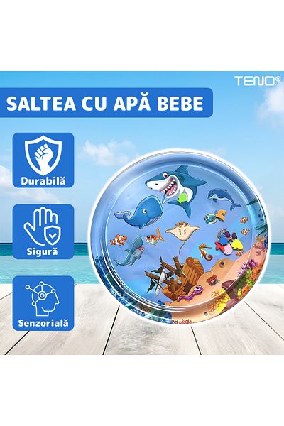 Teno Teno® Baby Water Mattress, shark pattern, activity and play center, blue