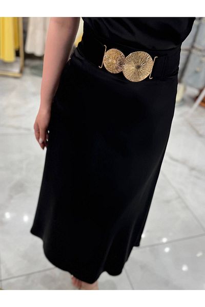 missswans Fusta din satin de lungime midi cu detaliu accesorii Aliya Gold Negru