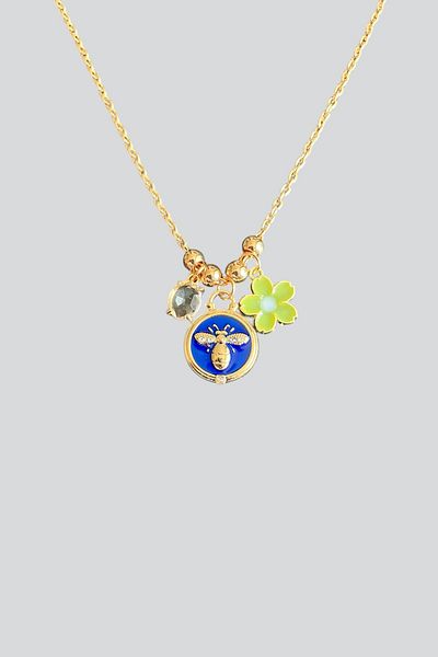 stravis Gold Color Bee Flower and Stone Pendant Necklace