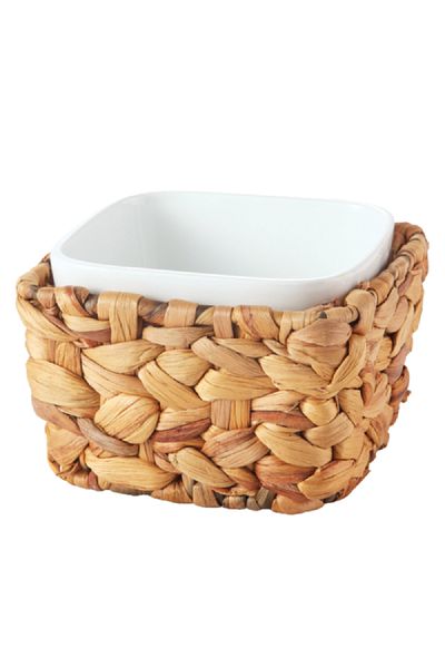 Bien Servi Ceramic Serving Bowl with Ratan Basket White and Brown