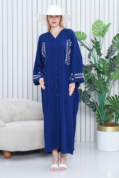 EL jadida Women's Embroidered Buttoned Plus Size Viscose Long Dress Navy Blue