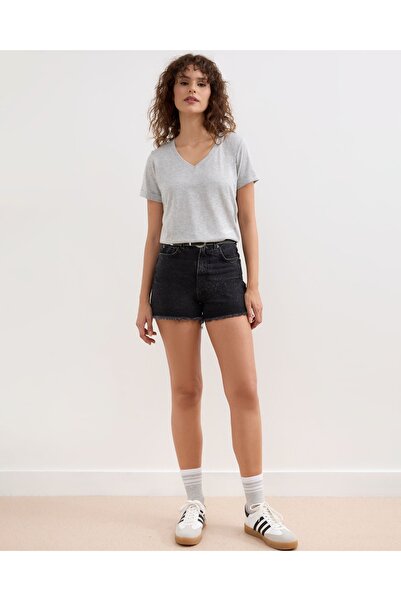 Mrs.idea Gray Women's V-Neck Basic T-Shirt Knitted Cotton Combed T-Shirt