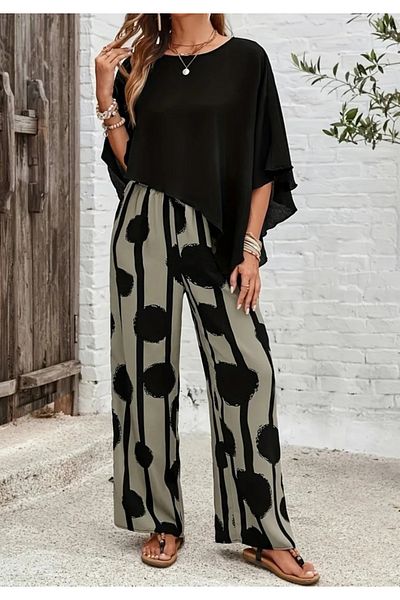 Little Visqon Crew Neck Asymmetrical Seamless Sandy Cape Blouse and Patterned Trousers Two Piece Set