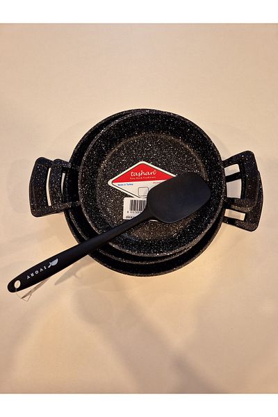 TAŞHAN Cast Granite 3-Piece Pan 18-20-22 cm Black Silicone Spatula Eggs Pan Omelet Set with Gift