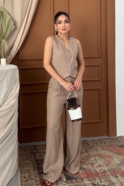 spirituel Women's Bottom Top Set Linen Button V-Neck Vest Loose Leg Pants Set