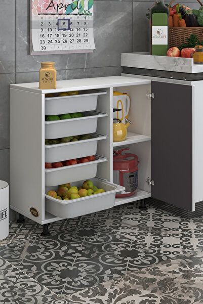 Kenzlife Sepetli Kapaklı Mutfak Dolabı Şükufe Gribyz 074*075*32 Erzak 5 Sepetli