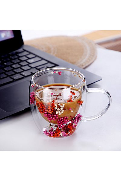 Bien Servi Decorated Flower Filling Elegant Design Double Wall Glass Coffee Mug Clear