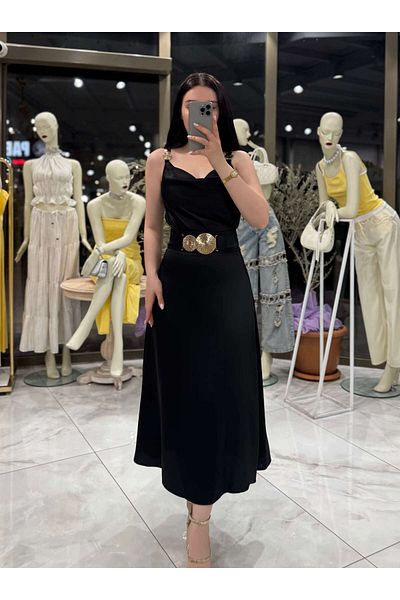 missswans Fusta din satin de lungime midi cu detaliu accesorii Aliya Gold Negru