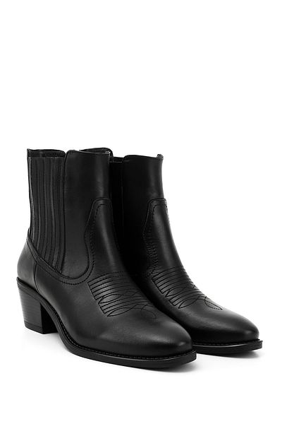 GÖNDERİ(R) Women / Girls Black Thick Heeled Genuine Leather Cowboy Boots