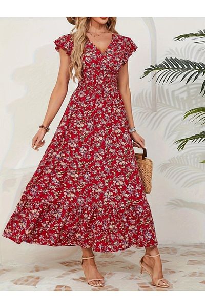 Viyamo New Season Women's Short Sleeve Double Breasted Collar Elastic Waist Floral Pattern Dress