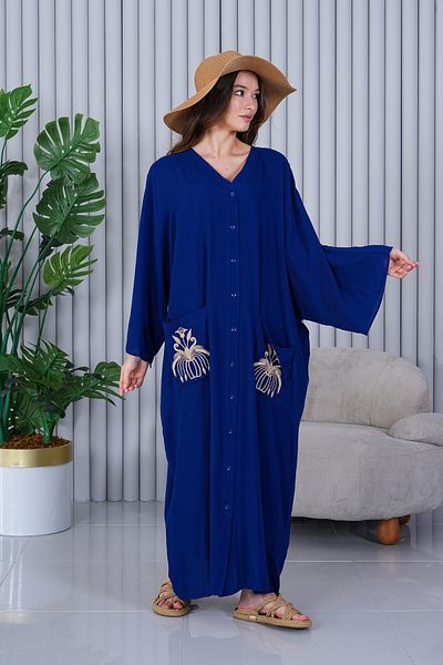 EL jadida Women's Embroidered Buttoned Plus Size Viscose Long Dress Navy Blue