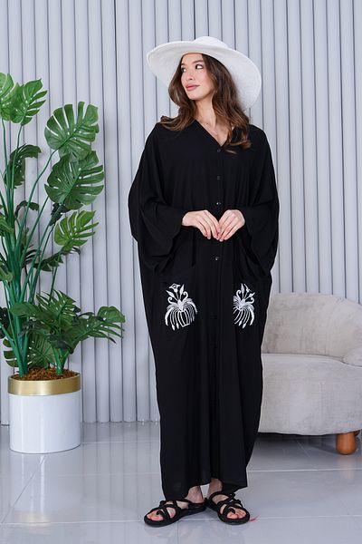 EL jadida Women's Embroidered Buttoned Plus Size Viscose Long Dress Black