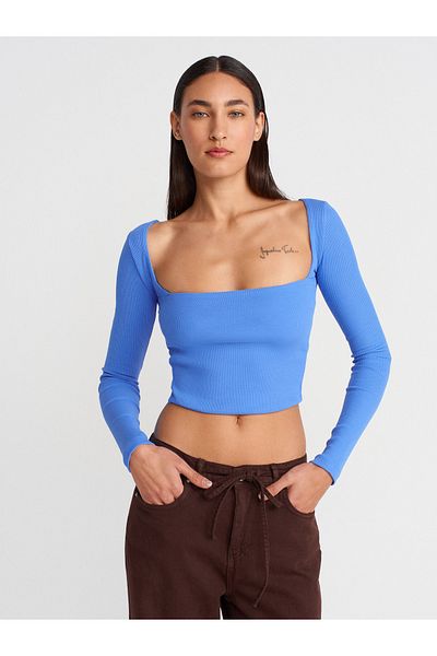 Dilvin 3700 Ribbed Long Sleeve Top-Turquoise