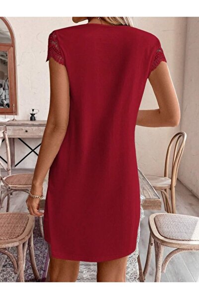 Viyamo New Season Women's V-Neck Collar and Sleeve Lace Detail Viscose Summer Casual Dress