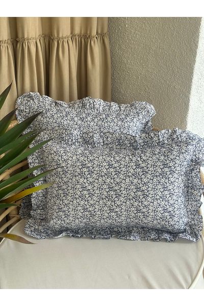 Decamor home Față de pernă din țesătură de bumbac, albastru lavandă, mini cu volane florale