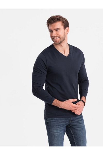 OMBRE Unbedrucktes Herren Longsleeve mit V-Ausschnitt - Marineblau V5 OM-LSBL-0108 XL