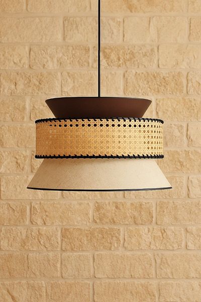 oceanpoint Bohemian Pendant Lamp Chandelier with Natural Bamboo Detail, Decorative Ceiling Lighting with Linen Fabric, 50X30 cm