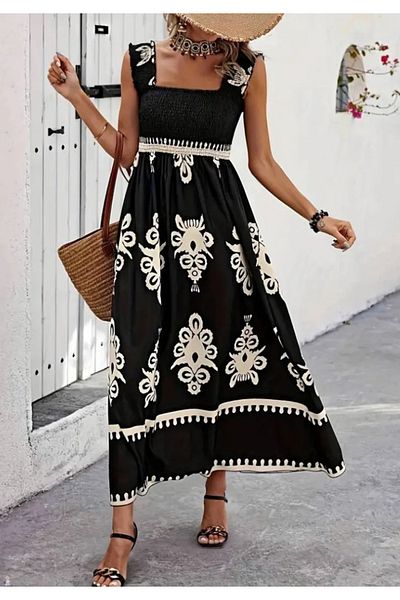 Little Visqon Rochie de damă cu bretele cu guler pătrat Gipe cu model