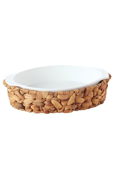 Bien Servi Ceramic Oval Serving Dish with Rattan Basket White and Brown