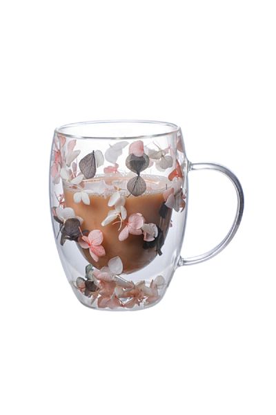 Bien Servi Decorated Flower Filling Elegant Design Double Wall Glass Coffee Mug Clear