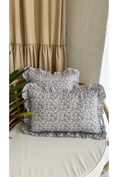 Decamor home Husă de pernă din țesătură de bumbac, gri, mini florală, cu volane