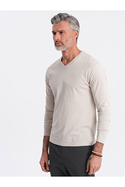 OMBRE Unbedrucktes Herren Longsleeve mit V-Ausschnitt - Hellbeige V1 OM-LSBL-...