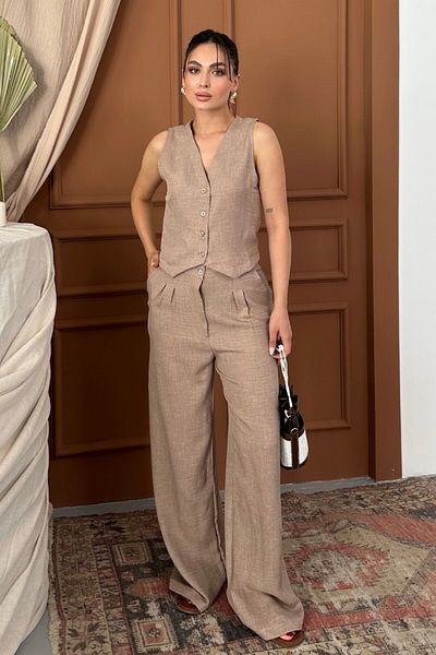 spirituel Women's Bottom Top Set Linen Button V-Neck Vest Loose Leg Pants Set